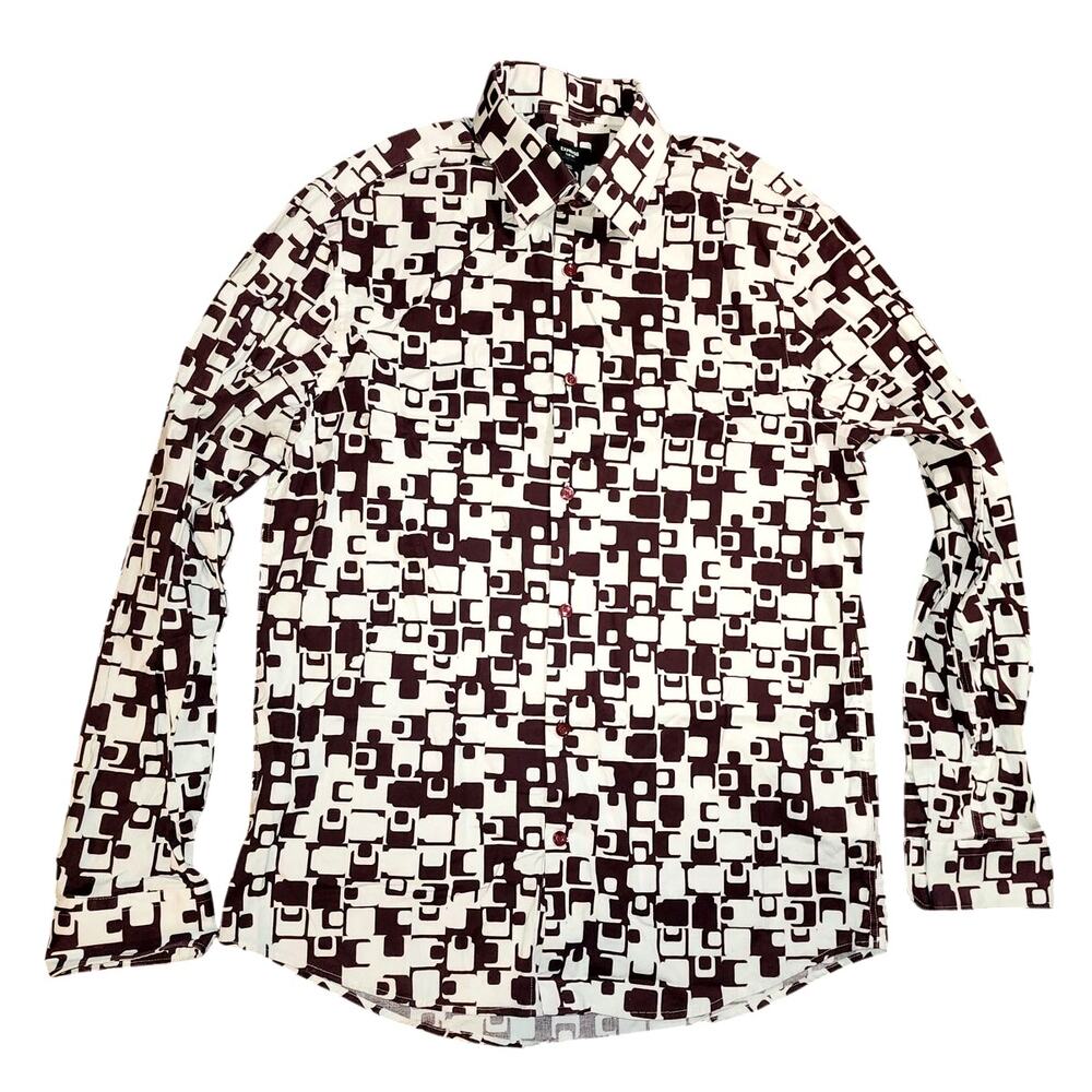 Express Brown White Geometric Long Sleeve Button Down Retro Shirt Size Medium